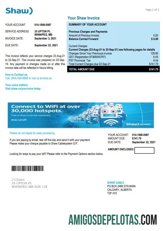 Conta de serviços públicos Shaw do Canadá amostra